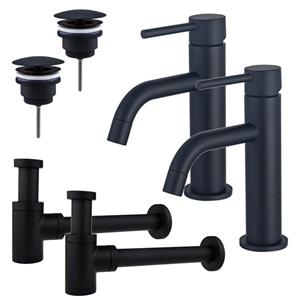 Fortifura Calvi Slim Wastafelkraanset - voor dubbele wastafel - lage wastafelkraan - always open plug - verlaagde design sifon - Mat zwart 2x SW377835/2x SW696205/2x SW696215