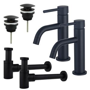 Fortifura Calvi Slim Wastafelkraanset - voor dubbele wastafel - lage wastafelkraan - klikwaste plug - verlaagde design sifon - Mat zwart 2x SW377835/2x SW696199/2x SW696215