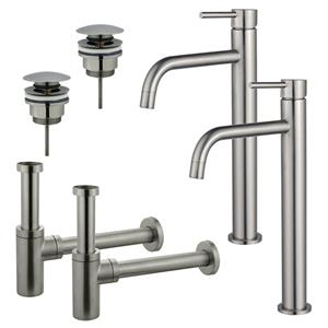 Fortifura Calvi Slim Wastafelkraanset - voor dubbele wastafel - verhoogde wastafelkraan - klikwaste plug - design sifon - Geborsteld RVS PVD (RVS) 2x SW377859/2x SW696201/2x SW696212