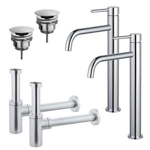 Fortifura Calvi Slim Wastafelkraanset - voor dubbele wastafel - verhoogde wastafelkraan - always open plug - design sifon - Chroom 2x SW377813/2x SW696209/2x SW696214