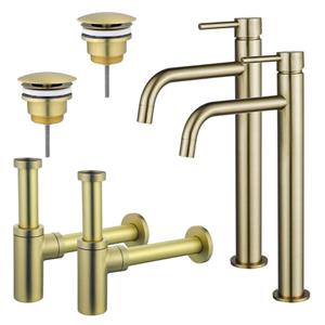 Fortifura Calvi Slim Wastafelkraanset - voor dubbele wastafel - verhoogde wastafelkraan - always open plug - design sifon - Geborsteld Messing PVD (Goud) 2x SW720546/2x SW696208/2x SW696213