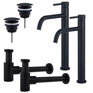 Fortifura Calvi Slim Wastafelkraanset - voor dubbele wastafel - verhoogde wastafelkraan - always open plug - verlaagde design sifon - Mat zwart 2x SW377836/2x SW696205/2x SW696215