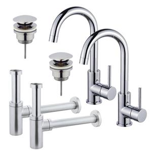 Fortifura Calvi Wastafelkraanset - voor dubbele wastafel - hoge wastafelkraan - draaibare uitloop - klikwaste plug - design sifon - Chroom 2x SW809346/2x SW696203/2x SW696214