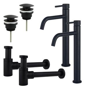 Fortifura Calvi Slim Wastafelkraanset - voor dubbele wastafel - verhoogde wastafelkraan - klikwaste plug - verlaagde design sifon - Mat zwart 2x SW377836/2x SW696199/2x SW696215