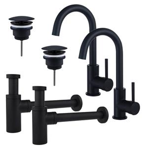 Fortifura Calvi Wastafelkraanset - voor dubbele wastafel - hoge wastafelkraan - draaibare uitloop - always open plug - design sifon - Mat zwart 2x SW809347/2x SW696205/2x SW696210