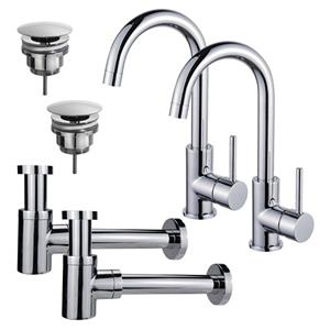 Fortifura Calvi Wastafelkraanset - voor dubbele wastafel - hoge wastafelkraan - draaibare uitloop - always open plug - verlaagde design sifon - Chroom 2x SW809346/2x SW696209/2x SW696219