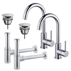 Fortifura Calvi Wastafelkraanset - voor dubbele wastafel - hoge wastafelkraan - draaibare uitloop - always open plug - design sifon - Chroom 2x SW809346/2x SW696209/2x SW696214