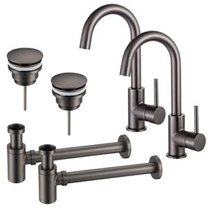 Fortifura Calvi Wastafelkraanset - voor dubbele wastafel - hoge wastafelkraan - draaibare uitloop - klikwaste plug - verlaagde design sifon - Geborsteld Gunmetal PVD 2x SW809350/2x SW767288/2x SW76729