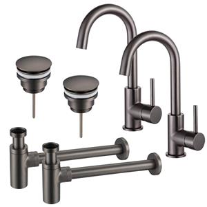 Fortifura Calvi Wastafelkraanset - voor dubbele wastafel - hoge wastafelkraan - draaibare uitloop - klikwaste plug - design sifon - Geborsteld Gunmetal PVD 2x SW809350/2x SW767288/2x SW767297