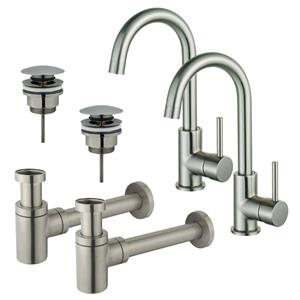 Fortifura Calvi Wastafelkraanset - voor dubbele wastafel - hoge wastafelkraan - draaibare uitloop - klikwaste plug - verlaagde design sifon - Geborsteld RVS PVD (RVS) 2x SW809348/2x SW696201/2x SW6962