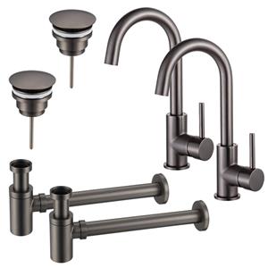 Fortifura Calvi Wastafelkraanset - voor dubbele wastafel - hoge wastafelkraan - draaibare uitloop - always open plug - verlaagde design sifon - Geborsteld Gunmetal PVD 2x SW809350/2x SW769487/2x SW767