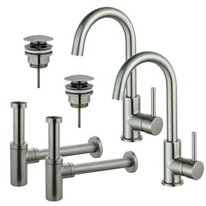 Fortifura Calvi Wastafelkraanset - voor dubbele wastafel - hoge wastafelkraan - draaibare uitloop - klikwaste plug - design sifon - Geborsteld RVS PVD (RVS) 2x SW809348/2x SW696201/2x SW696212