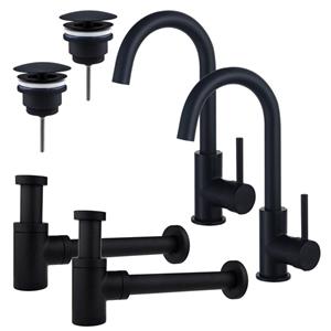 Fortifura Calvi Wastafelkraanset - voor dubbele wastafel - hoge wastafelkraan - draaibare uitloop - always open plug - verlaagde design sifon - Mat zwart 2x SW809347/2x SW696205/2x SW696215