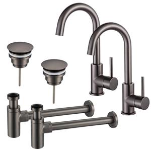 Fortifura Calvi Wastafelkraanset - voor dubbele wastafel - hoge wastafelkraan - draaibare uitloop - always open plug - design sifon - Geborsteld Gunmetal PVD 2x SW809350/2x SW769487/2x SW767297