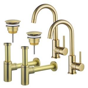 Fortifura Calvi Wastafelkraanset - voor dubbele wastafel - hoge wastafelkraan - draaibare uitloop - always open plug - design sifon - Geborsteld Messing PVD (Goud) 2x SW809349/2x SW696208/2x SW696213