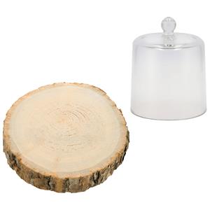 DK Design Decoratie stolp met boomschijf - glas/hout - D17 x H16 cm - deco cloche - woonaccessoire -