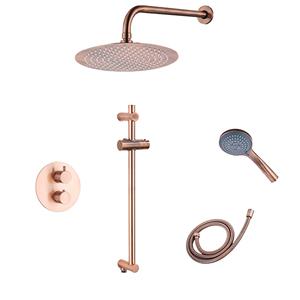 Saniclear Copper inbouwregendouche 20cm rond met wandarm, 3 standen handdouche en glijstang geborsteld koper