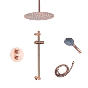 Saniclear Copper inbouwregendouche 20cm rond met plafondarm, 3 standen handdouche en glijstang geborsteld koper