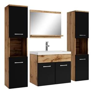 Badplaats Badkamermeubel Set Montreal XL 60 x 35 cm - Eiken met Zwart - Badmeubel met spiegel en zijkasten