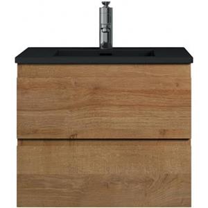 Badplaats Badkamermeubel Set Angela 60 cm - Eiken - Badmeubel met Zwarte Wastafel