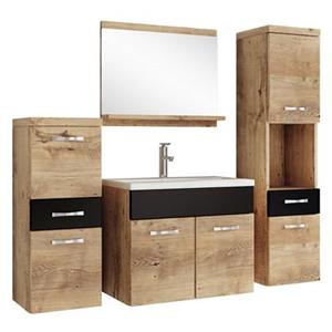 Badplaats Badkamermeubel Set Alba 60 x 35 cm - Kastanje Eiken met Mat Zwart - Badmeubel met Spiegel en Zijkasten
