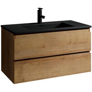 Badplaats Badkamermeubel Set Angela 80cm - Eiken - Badmeubel met Zwarte Wastafel