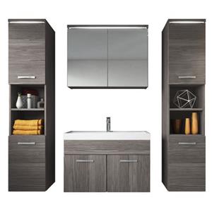 Badplaats Badkamermeubel Set Paso XL 80 x 40 cm - Grijs Eiken - Badmeubel met spiegelkast en zijkasten