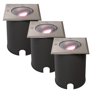 HOFTRONIC™ Set van 3 Cody Smart Grondspots RVS - GU10 5,5 Watt 345 lumen - RGB + WW - Wifi + BLE - Kantelbaar - Overrijdbaar - Vierkant - IP67 waterdicht