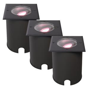 HOFTRONIC™ Set van 3 Cody Smart Grondspots Zwart - GU10 5,5 Watt 345 lumen - RGB + WW - Wifi + BLE - Kantelbaar - Overrijdbaar - Vierkant - IP67 waterdicht