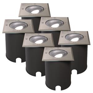 HOFTRONIC™ Set van 6 Cody LED Grondspots RVS - GU10 4,5 Watt 345 lumen dimbaar - 6500K Daglicht wit - Kantelbaar - Overrijdbaar - Vierkant - IP67 waterdicht