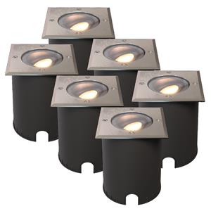 HOFTRONIC™ Set van 6 Cody LED Grondspots RVS - GU10 4,5 Watt 345 lumen dimbaar - 2700K warm wit - Kantelbaar - Overrijdbaar - Vierkant - IP67 waterdicht