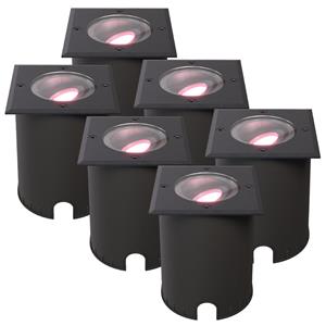 HOFTRONIC SMART Set van 6 Cody Smart Grondspots Zwart - GU10 5,5 Watt 345 lumen - RGB + WW - Wifi + BLE - Kantelbaar - Overrijdbaar - Vierkant - IP67 waterdicht