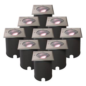 HOFTRONIC™ Set van 9 Cody Smart Grondspots RVS - GU10 5,5 Watt 345 lumen - RGB + WW - Wifi + BLE - Kantelbaar - Overrijdbaar - Vierkant - IP67 waterdicht