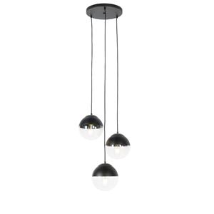 qazqa Retro-Hängelampe schwarz mit klarem Glas, rund, 3-flammig – Eclipse - Schwarz