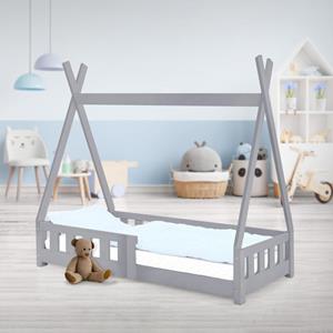 ml-design Kinderbett Tipi mit Lattenrost, 70x140 cm, Hellgrau, aus Kiefernholz, Indianer Bett für Mädchen & Jungen, Hausbett mit Zaun, Kinderhaus Jugendbett