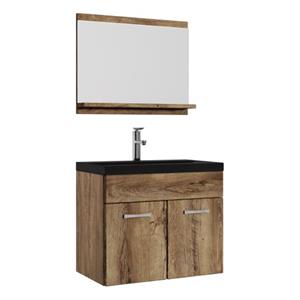 Badplaats Badkamermeubel Montreal Set 02 60 x 35 cm - Bruin Eiken - Badmeubel met Zwarte Wastafel
