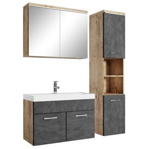 Badplaats Badkamermeubel Set Paso 80 x 40 cm - Kastanje Eiken met Donker Grijs - Badmeubel met spiegelkast en zijkast