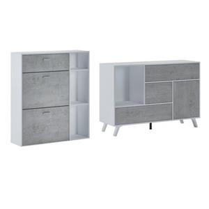 skrauthome Eingangs-Set, Wohnzimmer, Beistellmöbel, Farbe der Struktur Weiß und Farbe der Türen und Schubladen Zement - Buffet- Schuhschrank - multicolor