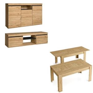 Set Naturale Esszimmer, Esszimmermöbel, Sideboard-TV-Stand 140cm--Ausziehtisch Eiche/Schwarz - braun - Skraut Home