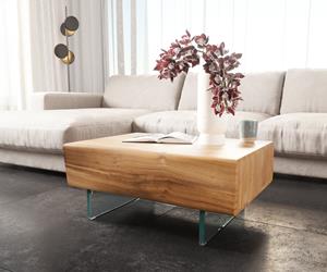 DELIFE Couchtisch New Live-Edge 80x60 cm Akazie Natur 2 Schubladen Glasfuß schwebend