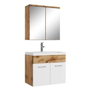 Badplaats Badkamermeubel Set Montreal 01 60 cm - Eiken met Hooogglans Wit - Badmeubel met spiegelkast