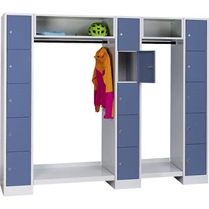 Wolf Schließfachgarderoben-System, 15 Fächer außen / Mitte, 15 Kleiderbügel, Gesamtbreite 2220 mm, Fachbreite 298 mm, taubenblau/lichtgrau