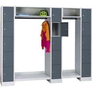 Wolf Schließfachgarderoben-System, 15 Fächer außen / Mitte, 15 Kleiderbügel, Gesamtbreite 2220 mm, Fachbreite 298 mm, basaltgrau/lichtgrau