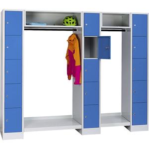 Wolf Schließfachgarderoben-System, 15 Fächer außen / Mitte, 15 Kleiderbügel, Gesamtbreite 2220 mm, Fachbreite 298 mm, lichtblau/lichtgrau