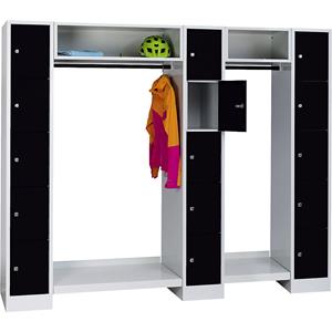 Wolf Schließfachgarderoben-System, 15 Fächer außen / Mitte, 15 Kleiderbügel, Gesamtbreite 2220 mm, Fachbreite 298 mm, tiefschwarz/lichtgrau