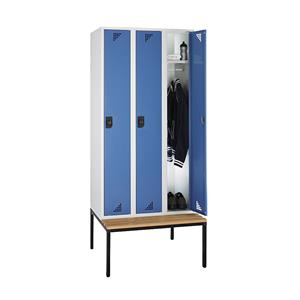 eurokraft pro Mehrzweck- und Garderobenschrank, mit Sitzbank, 3 Abteile, Breite 900 mm, Türen brillantblau