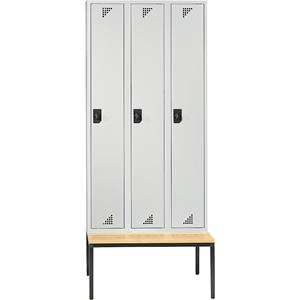 eurokraft pro Mehrzweck- und Garderobenschrank, mit Sitzbank, 3 Abteile, Breite 1200 mm, Türen lichtgrau