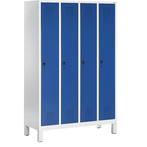 C+P EVOLO garderobekast, met kunststof kastpoten, 4 vakken, vakbreedte 300 mm, lichtgrijs / gentiaanblauw