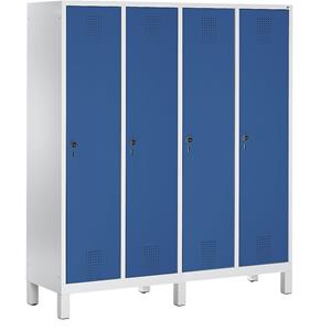C+P EVOLO Garderobenschrank, mit Kunststoff-Füßen, 4 Abteile, Abteilbreite 400 mm, lichtgrau / enzianblau