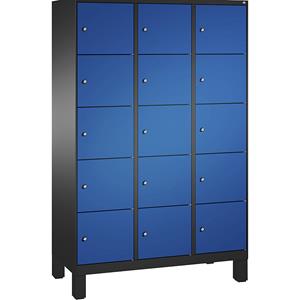 C+P EVOLO Fächerschrank, mit Füßen, 3 Abteile, je 5 Fächer, Abteilbreite 400 mm, schwarzgrau / enzianblau